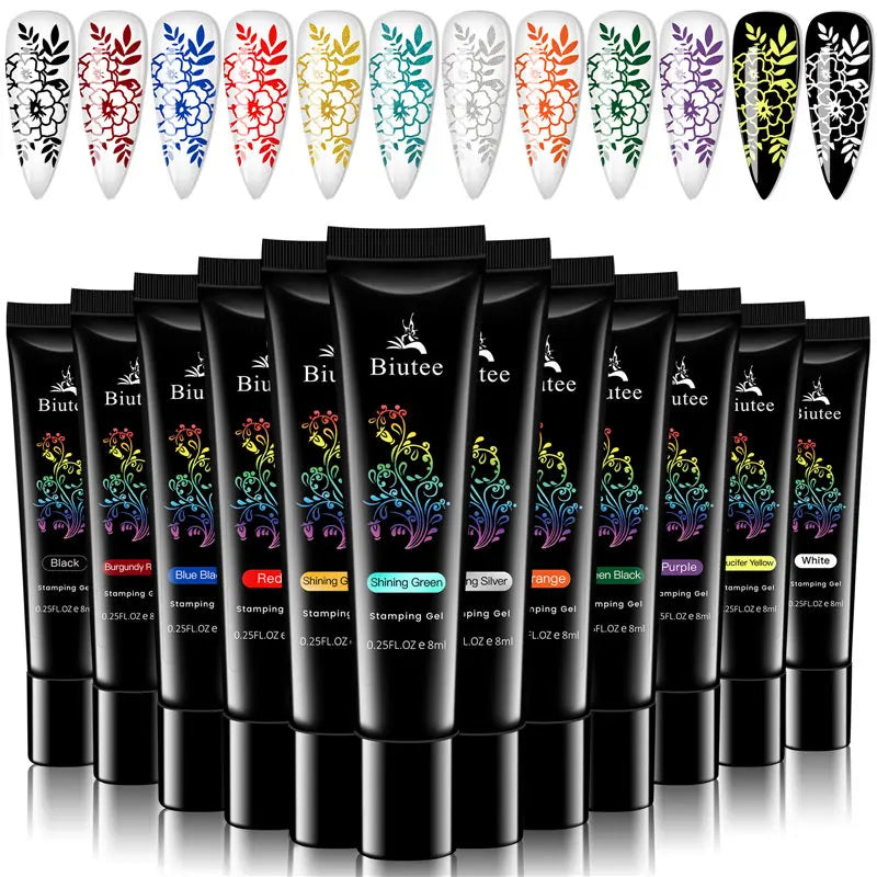 BIUTEE Nail Stamping Gel Polish Set 12 Colors Templates Stamp Print Oil UV Gel Varnish Soak Off Nail Art Kit Stamping Plate Tool