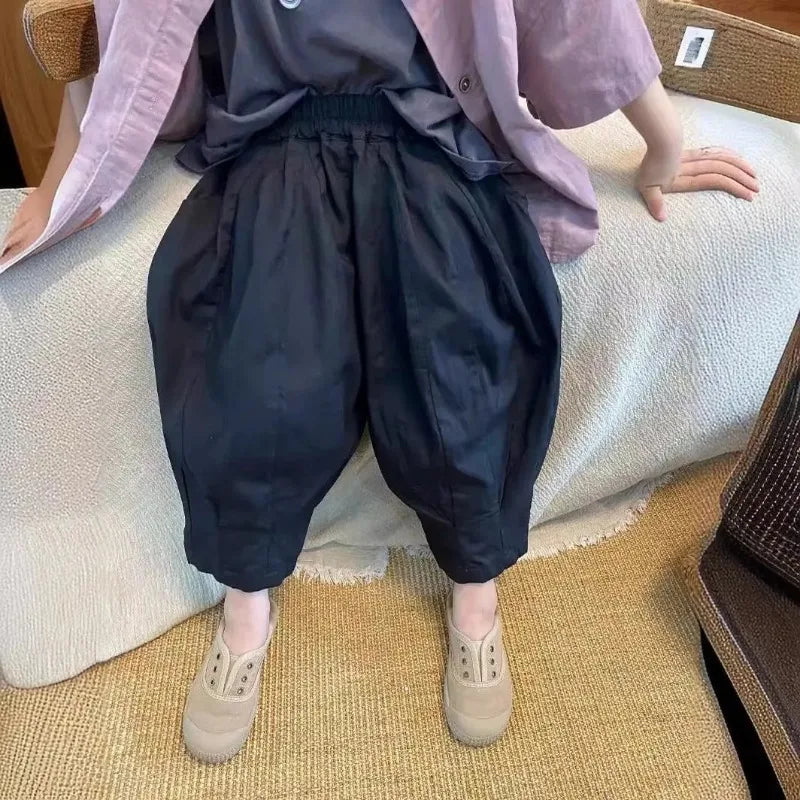 Children's Pants Korean Summer New Girls Solid Color Casual Wide Leg Cropped Pants for Boys Versatile Harlan Pants