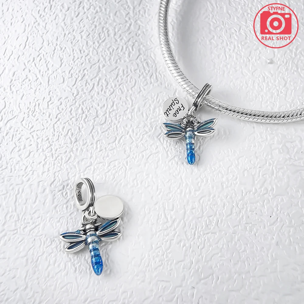 Blue Dragonfly Pendant 925 Sterling Silver For Charms Silver 925 Original Bracelet for Jewelry Making
