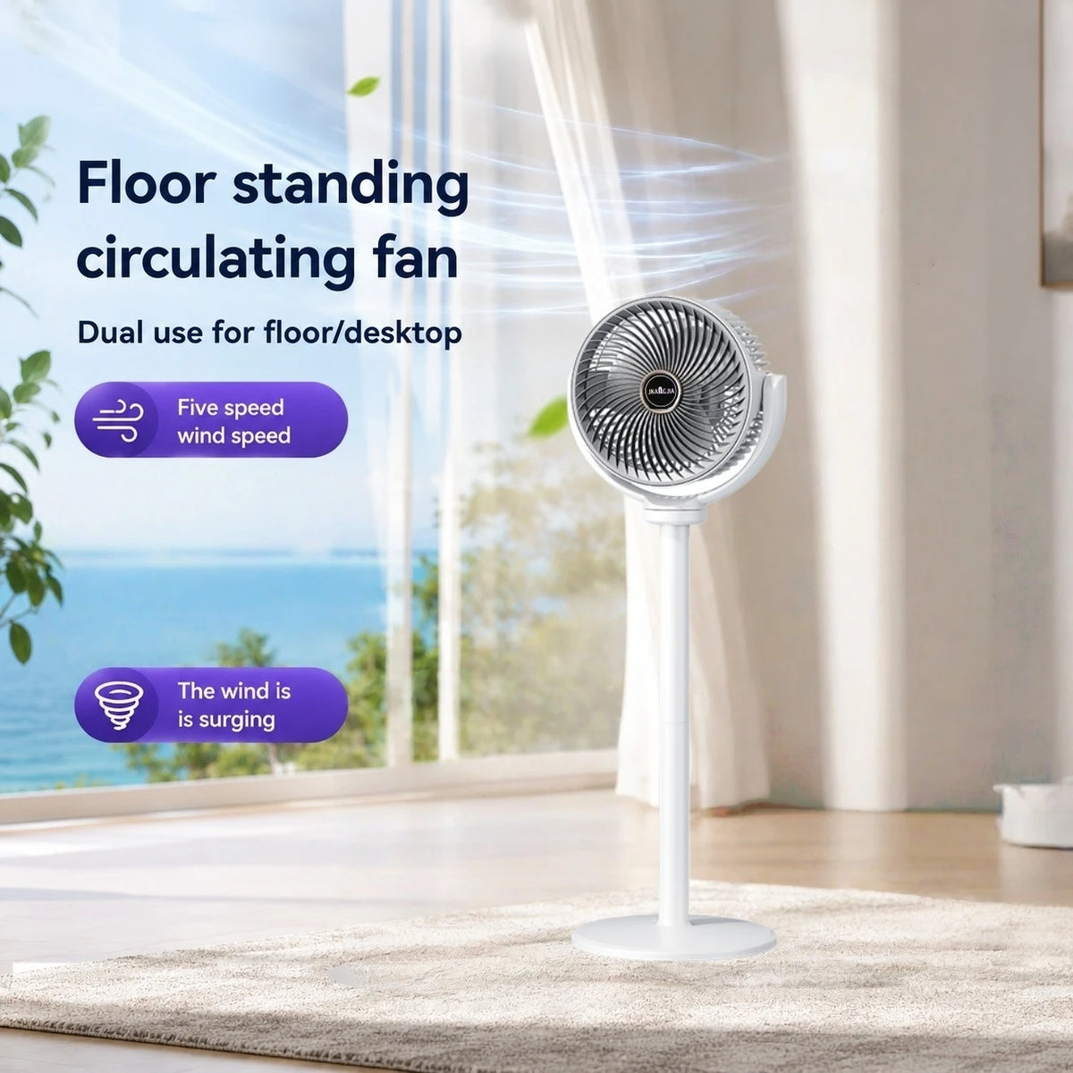 3-in-1 Modern Air Circulator Fan 5 Speeds 4 Heights Quiet Portable Pedestal Stand Fan USB-C for Home Bedroom Office RV Camping