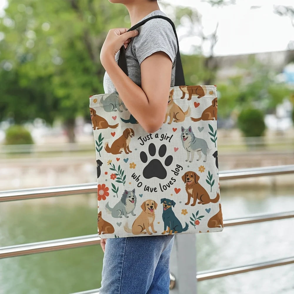 1pc Stylish Dog Mom Tote Bag -"Just A Girl Who Loves Dogs" Print with Cute Dog Illustrations