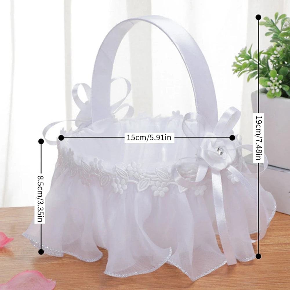 White Flower Girls Basket Simple Wedding Flower Basket Bride Bridesmaid Hand Held Basket Wedding Ceremony Party Decorations