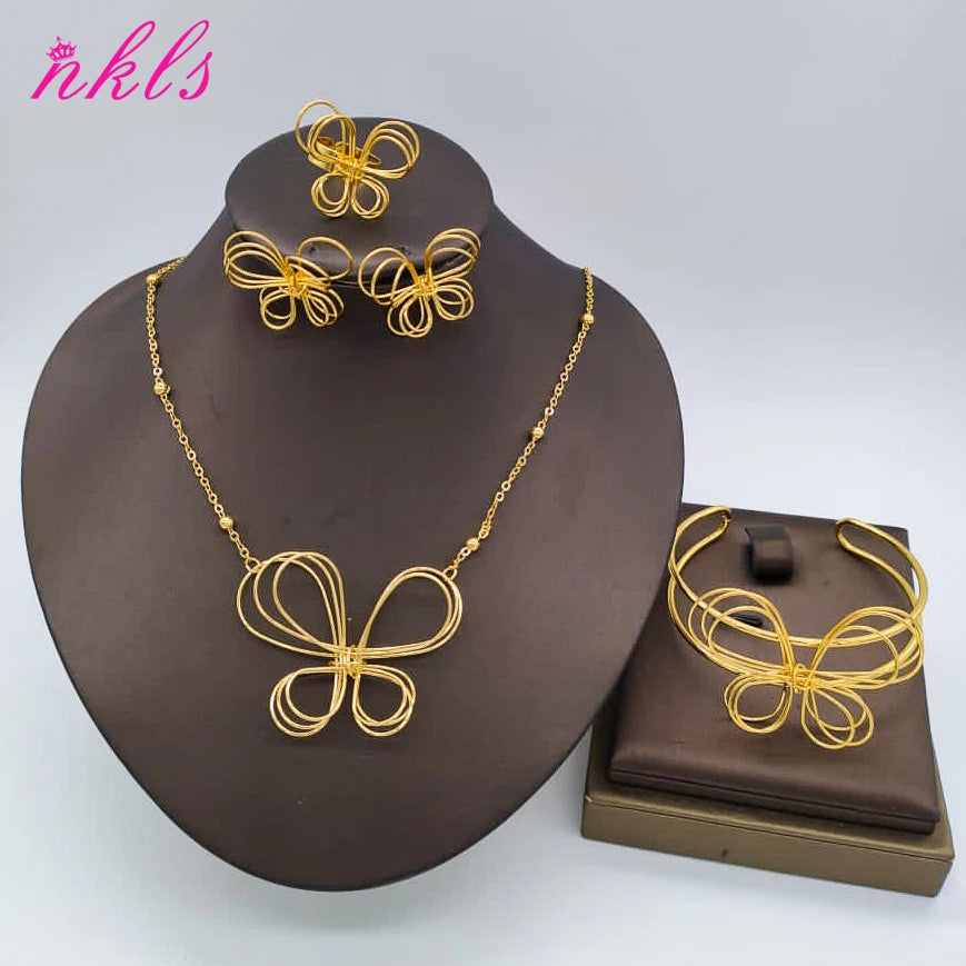 Gold Plated Flower Jewelry Set Women Gold Color Wedding Luxury Wedding Bangle Ring Necklace Earring Dubai African Party Gift