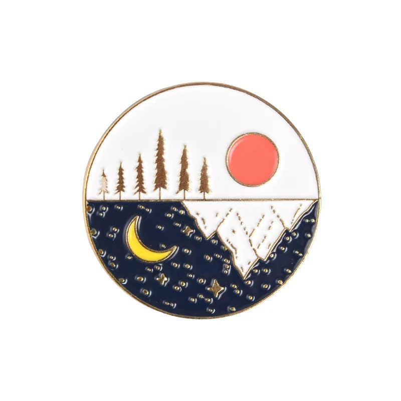 Personality Mountain Moon Sea Brooch Buckle Golden Metal Badge Bag Clothes Lapel Brooches For Women Men Kids Gifts