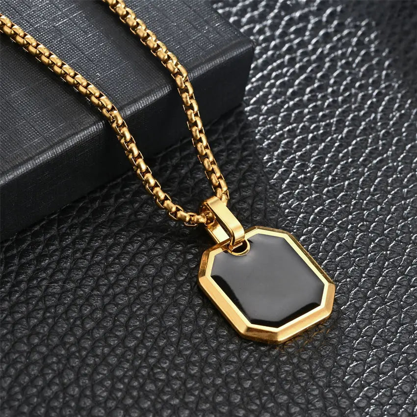 Hiphop Men's Black Onyx Square Pendant Necklace Tarnish Free Stainless Steel Custom Logo Jewelry For Gift
