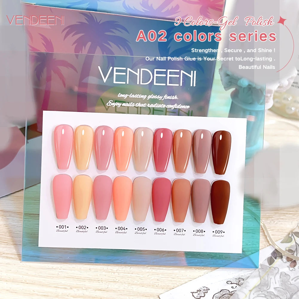 Vendeeni TPO HEMA Free 2025 Hot Sale High Quality 9-Color Nail Gel Polish Set Non-Toxic UV Gel Nail Art Kit for Nail Salon