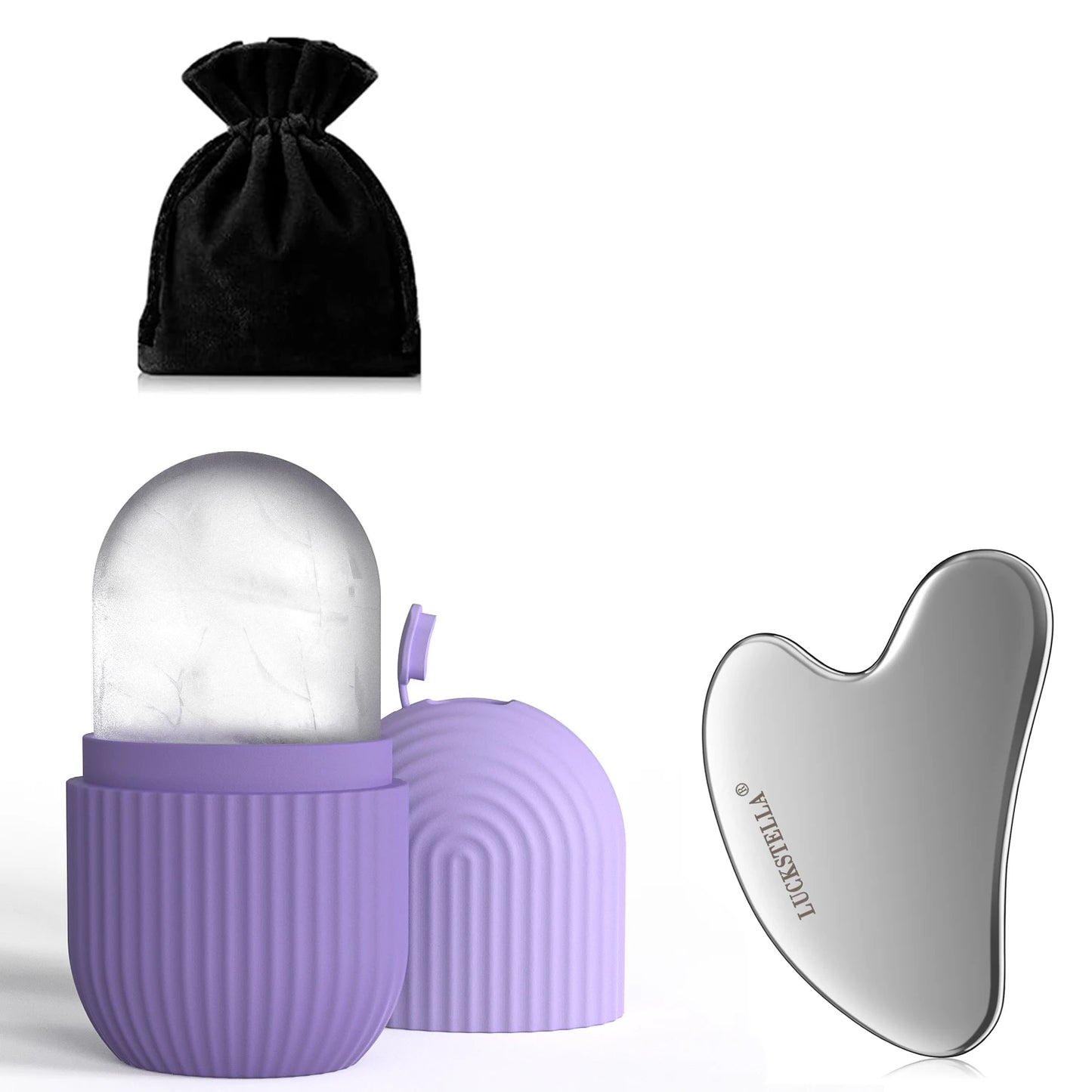 LUCKSTELLA 4Pcs Skin Care set Ice Face Roller & Stainless Steel Gua Sha Board & Silicone Shower Brush Face Massage Roller