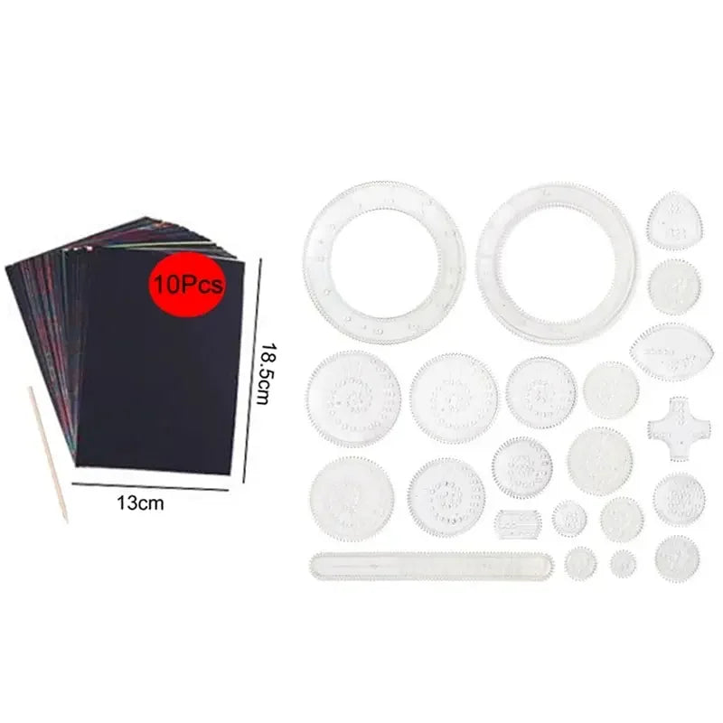 10-33pcs Spirograph Design Arts Craft Kit Classic Amazing Rainbow Magic Scratch Paper Set Children Kids Educational Drawing Toys