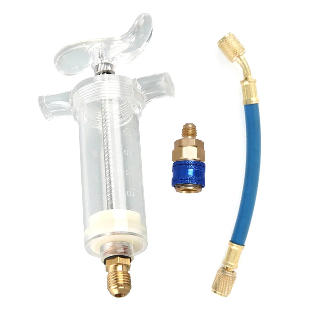 Car A/C Oil/Dye Injector 30Ml 1Oz with Low Side Quick Coupler Adapter 1/4 Air Conditioning Automotive Oiler Injection Syringe