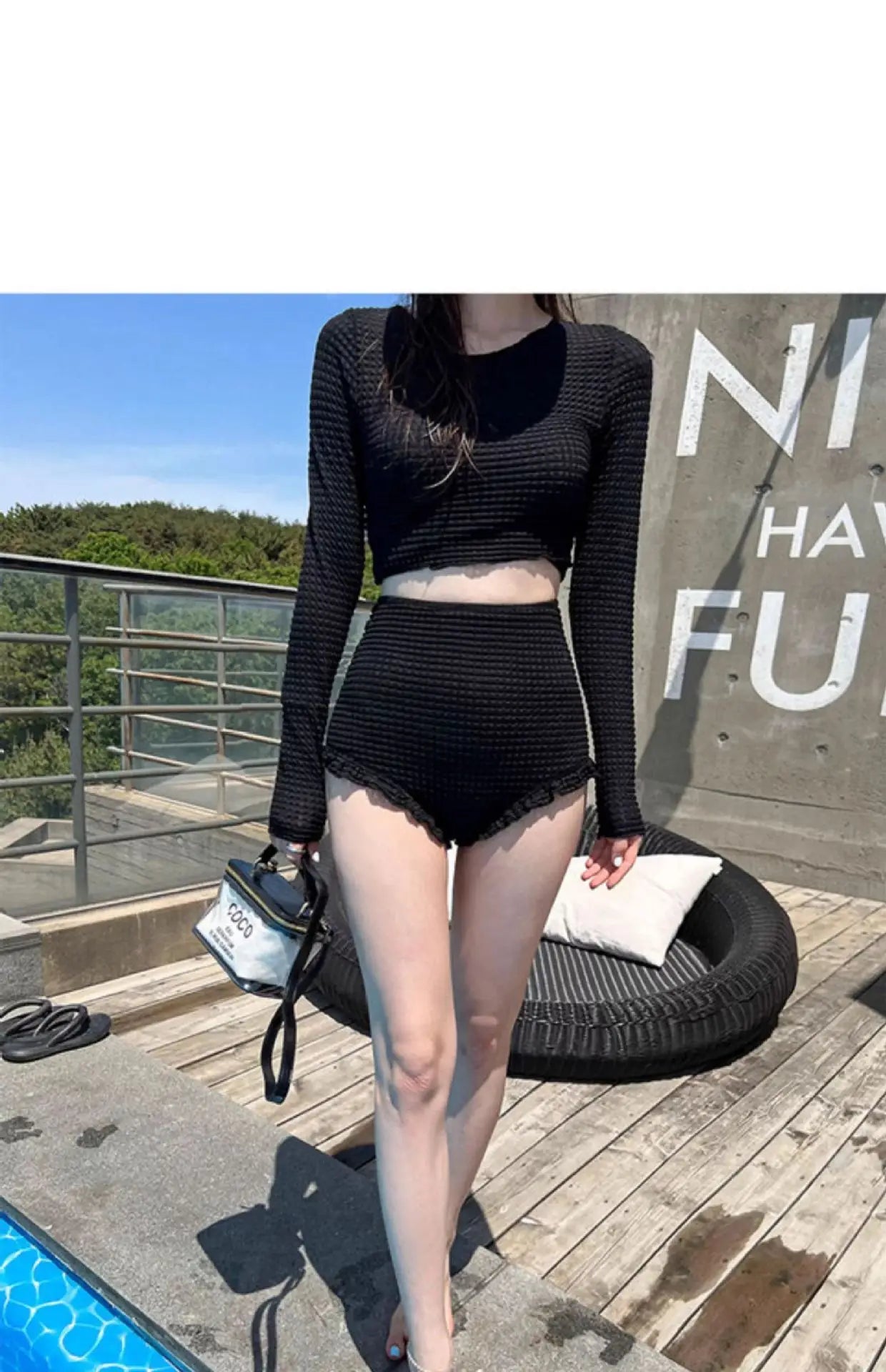 Women's Long Sleeve Conservative Swimsuit Sexy Slim High Waist Tummy Control Fashion Textured Waffle Bathing Suit New Arrival
