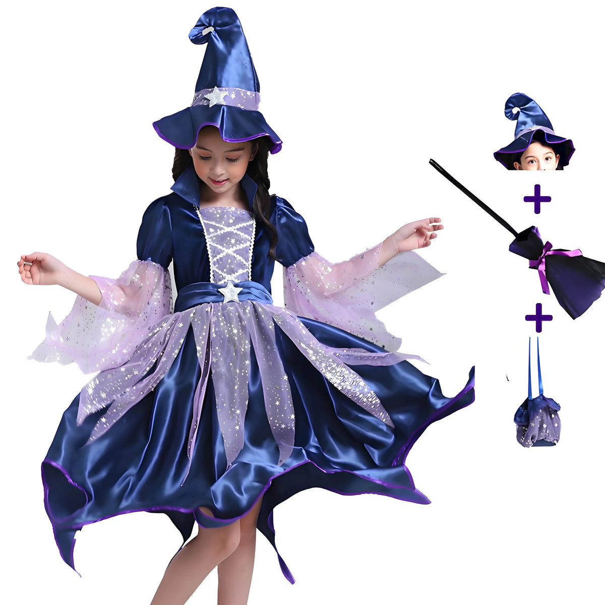 2026 Halloween Blue Witch Costume for Girls with Witch Hat Wand Bag Accessory Set 2-12T Girl Role Play Party Dress Vestidos