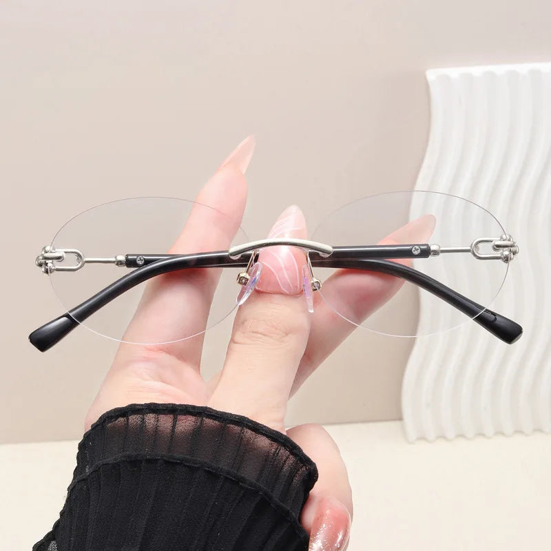 Rimless Small Round Cat Eye Sunglasses for Women Fashion Circle Frame Alloy Sun Glasses Ladies Elegant Casual Travel Glasses