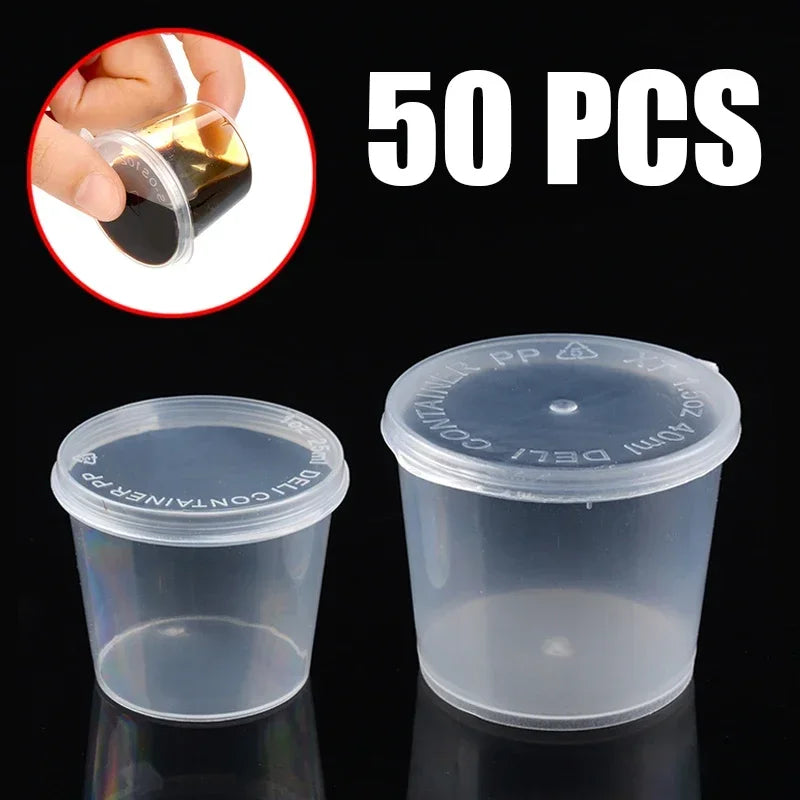 50pcs Disposable Sauce Containers Package Box&Lid Clear Portable Plastic Takeaway Sauce Cup Containers Food Box With Hinged Lids