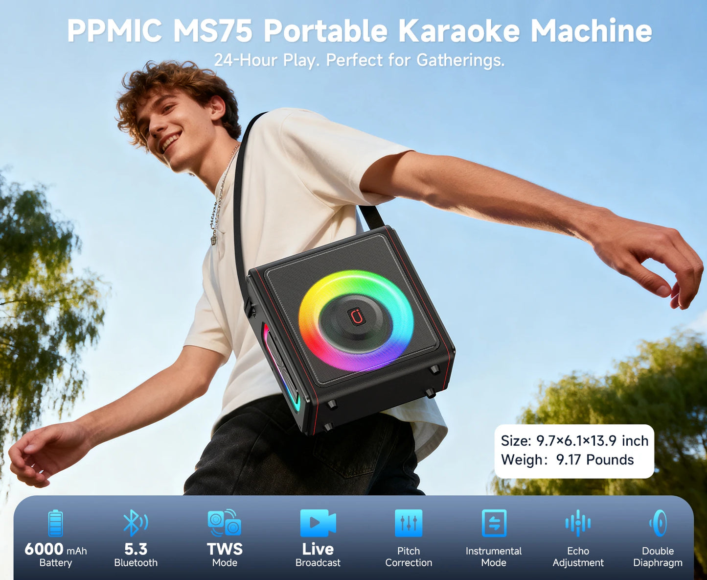 Karaoke Machine, Portable Bluetooth 5.3 Speaker with 2 Wireless Microphones for Adults, Supports TWS/TF Card/USB/AUX/Live