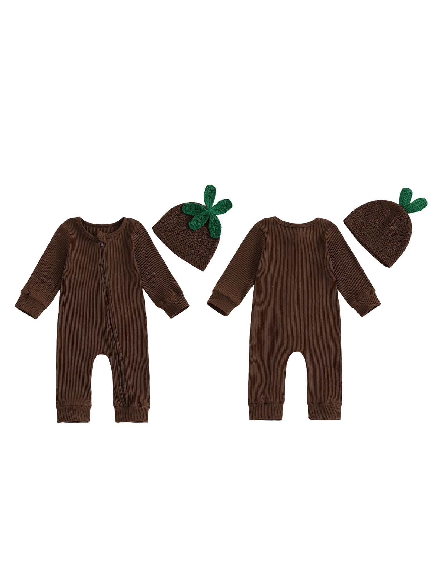 Infant Baby Boy Halloween Outfit Little Mandrake Jumpsuit Long Sleeve Ribbed Zipper Romper with Knit Hat Magic Baby Outfit