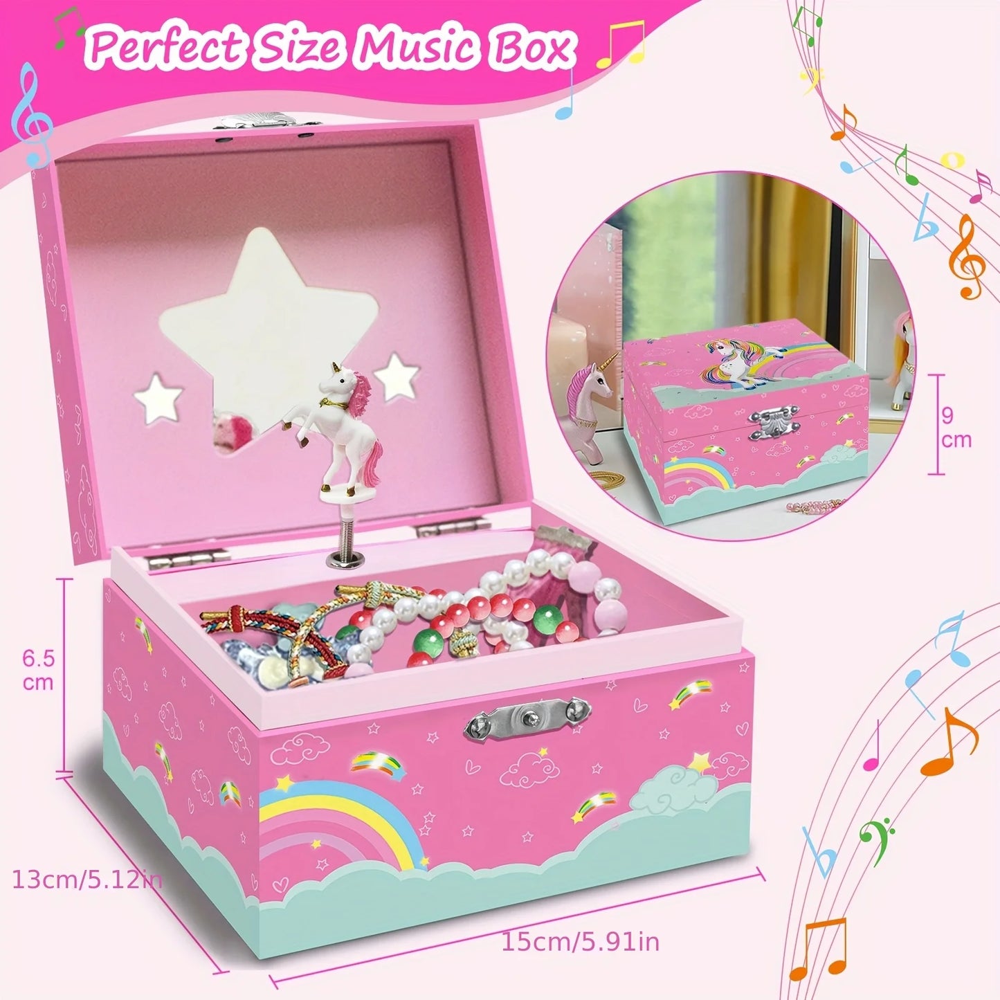 Unicorn Jewelry Box - Jewelry Box with Drawer and Music, Adorned with a Dancing Unicorn Ideal for jewelry storage, as a gift