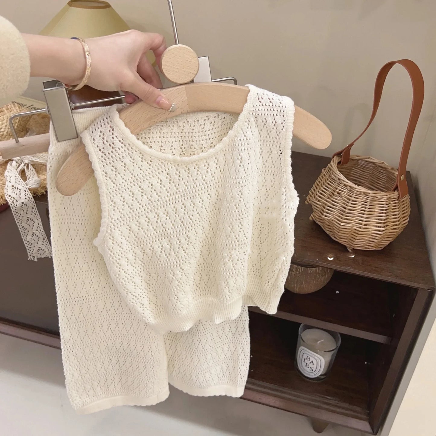 Girls Summer Clothing Set 2025 Kids Knitted Hollow Lace Suit Girl Fashion Breathable Vest + Wide Leg Pants Outfits Children Sets