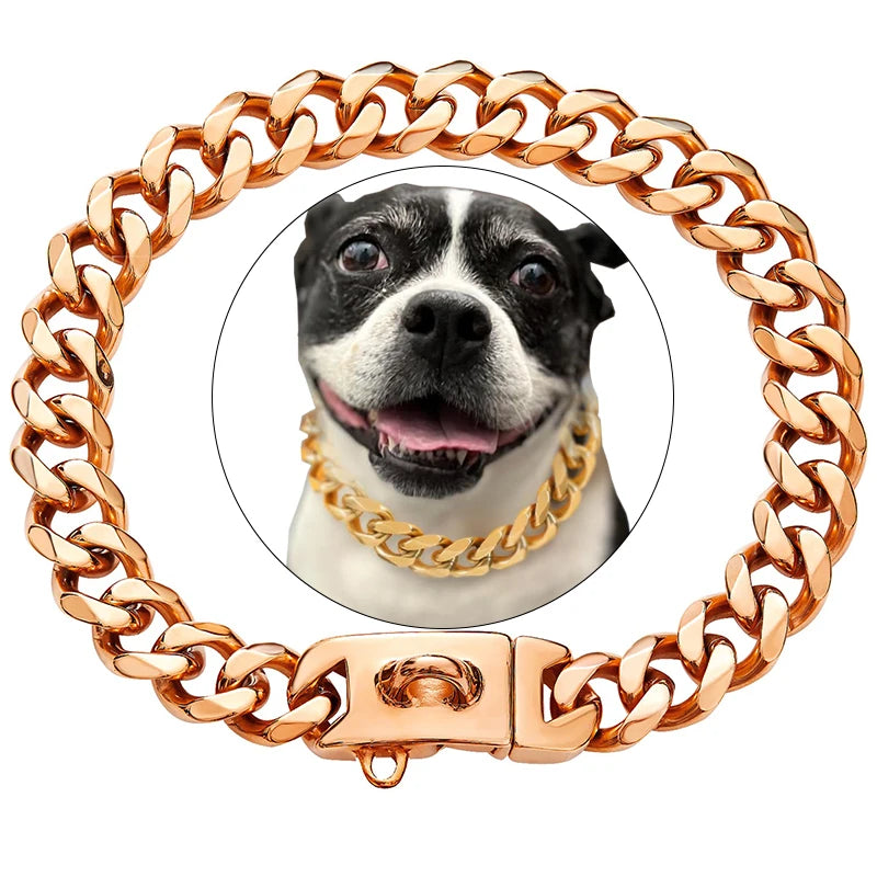 Strong Heavy Duty 19MM Wide Light Metal Strong Metal Cuban Link Dog Collar,Gold Dog Chain Collar for Small Medium Dogs