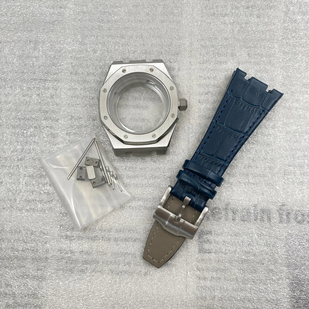 42mm Octagonal Watch Case Leather Bracelet Fit 31.8mm Waffle Dial Sapphire For NH35/36 Automatic Movement Pin Buckle Mod Parts