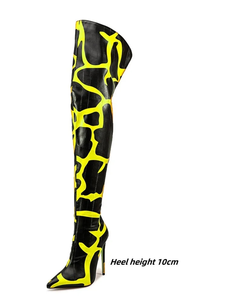 2024 Women's Euro-American Zebra Print Over-the-Knee Boots - Paneled Pointed-Toe Back-Zipper Stiletto, Plus Size Fashion Chic