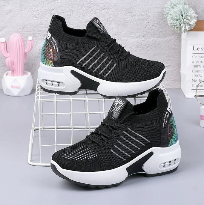 2025 Women's Sneakers Spring Sequined Casual Shoes Woman Platform Heels Wedges Height Increasing Knitted Ladies Vulcanized Shoes