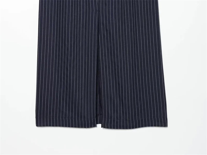 Women's A-line Skirt 2026 Summer New Style Navy Blue Striped High-Waist Slit Decorative Straight Long Skirt Elegant and Stylish