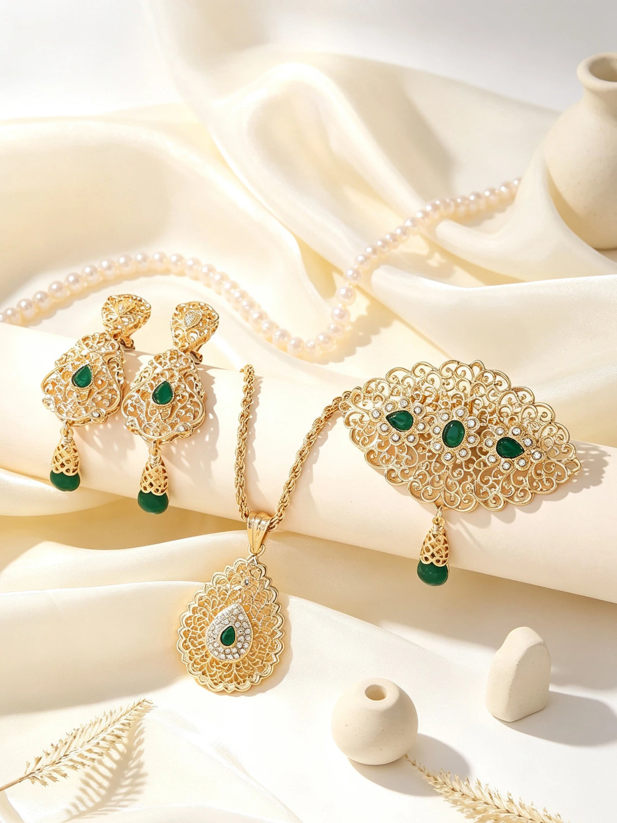 Moroccan Gold Jewelry Set Filigree Pendant Necklace Earrings Brooch For Women Arabic Wedding Party Zinc Alloy Ornament Gift