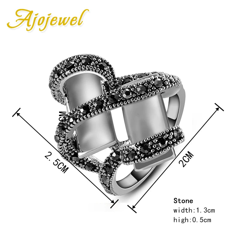 Ajojewel Retro White Opal Ring Women Pave Black Rhinestones Finger Rings Size 7-9 Vintage Jewelry Bijoux