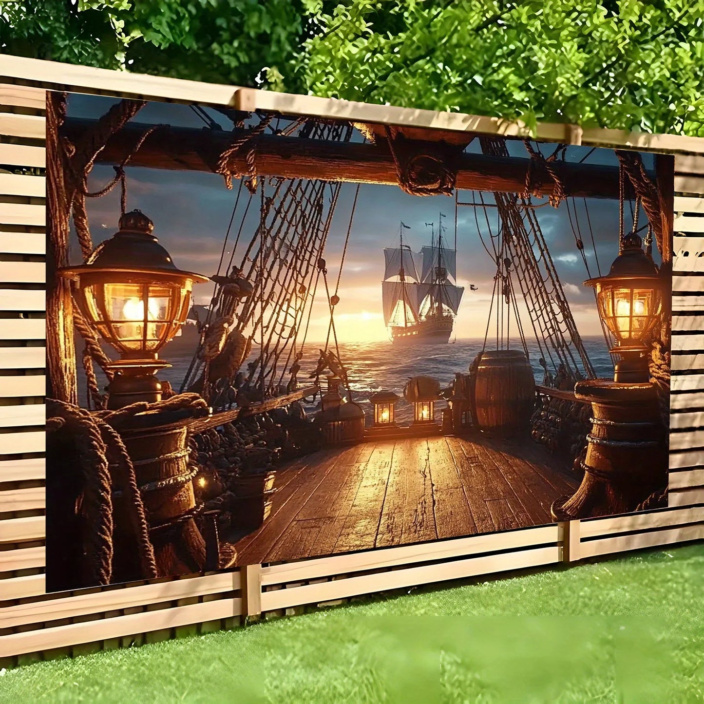 1 golden dusk pirate ship sailing scene background cloth, retro-style party banner, outdoor decoration