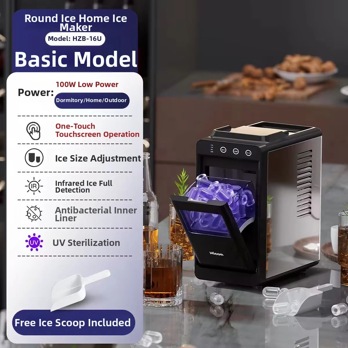 15KG Automatic Ice Maker Machine Compact Mini for Dorm/Office/Home Fast 8-Minute Round Ice Production Energy-Saving Quiet