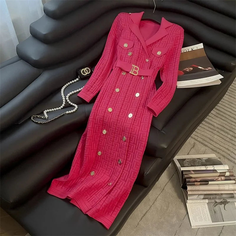 2025 Autumn Winter High-Grade Suit Collar Knitted Dress Women Fashion Double-Breasted Middle Long Over-The-Knee Sweater Vestidos