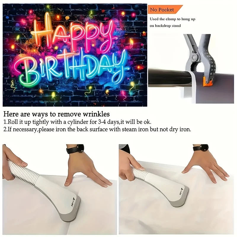 Glow Happy Birthday Background Neon glow splashed graffiti on a brick wall decorated in the dark party