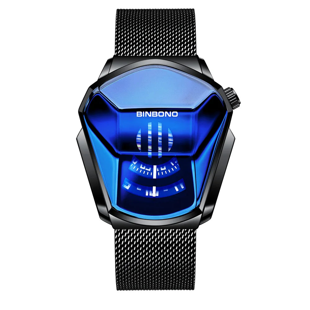 BINBOND Men Popular Fashion Motorcycle Concept Quartz Watch Luminous Steel Band Mesh Watch Touch Screen black technology watch