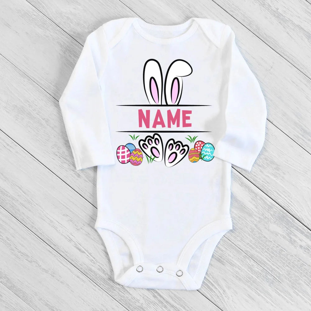 Personalized Easter Baby Romper Bunny with Name Infant Outfit Bodysuit Boys Girls Holiday Party Jumpsuit Bunny Newborn Rompers