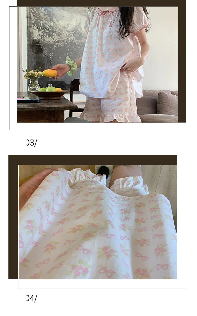 Women Homewear Two-Piece Set Printed Flowers Pink Cherry Tops Shorts Ladies Pajamas Loungewear Cute Sleepwear Fancy Underwear