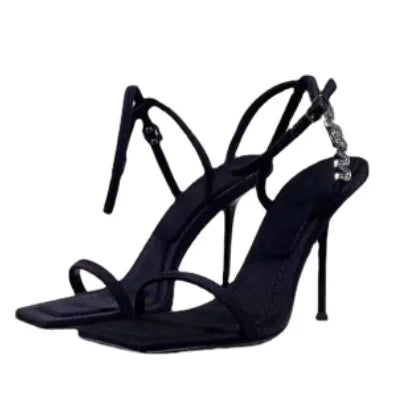 2022 New Square Toe Women Sandals Crystal Letters Decor Women Pumps Sexy High Heels Silk Wedding Dress Shoes Gladiator Sandal