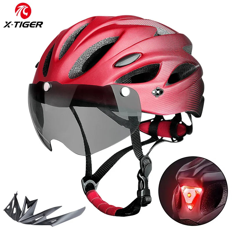 X-TIGER Adult Bike Helmet with LED Rear Light Dual Mode Goggle Cycling Helmet Fit 58-62cm Lightweight Breathable Bicycle Helmets