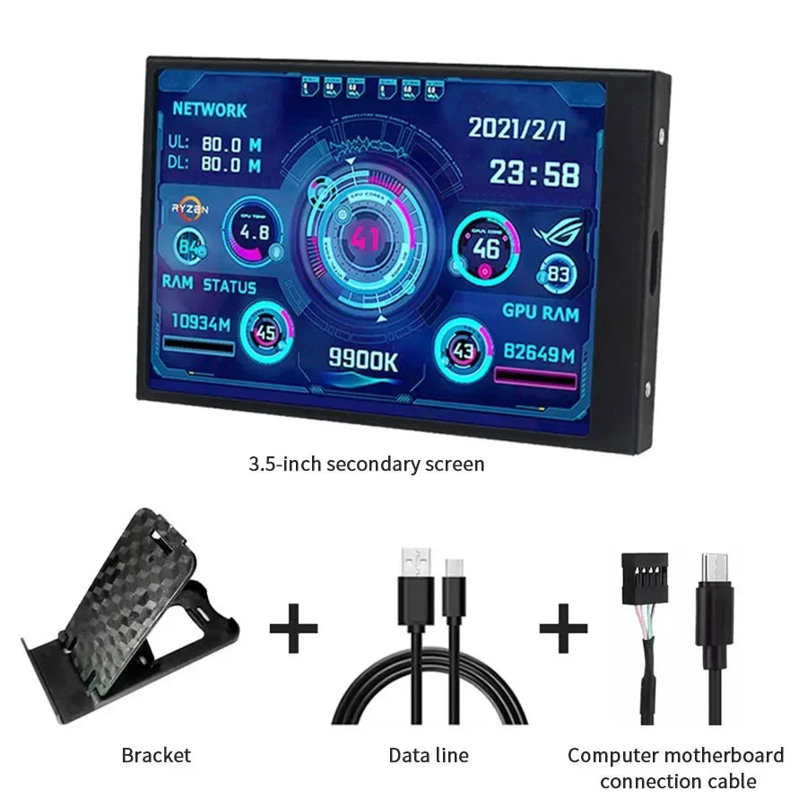 3.5 Inch IPS Type-C Secondary Screen DIY Mini Computer Display CPU GPU RAM HDD Monitor with Holder LCD Display Freely AIDA64