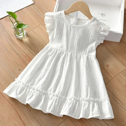 2025 New Summer Baby Girl Birthday Wedding Party Dress Short Sleeved Cotton Solid Color Dress 2-10Yrs Kids Princess Dresses