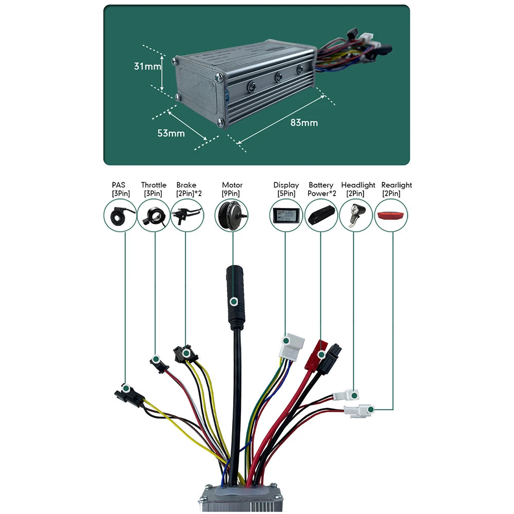 Ebike Controller 36V 48V 6-FET 15A 250W JN Controller For Electric Bicycle Replacements 15A SM Plug Double Light Wire Controller