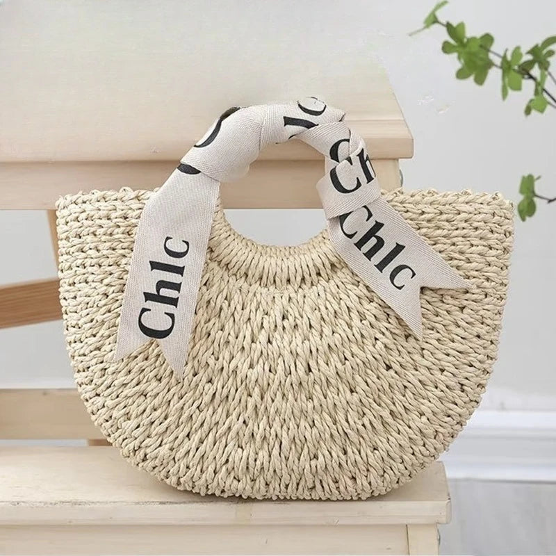 Hand Woven Straw Semicircle Tote Bag Large Capacity Handheld Crossbody 2-in-1 Beach Vacation Fashion Bag for Women