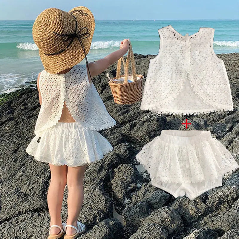 Girls Summer Clothing Set 2025 Kids Knitted Hollow Lace Suit Girl Fashion Breathable Vest + Wide Leg Pants Outfits Children Sets