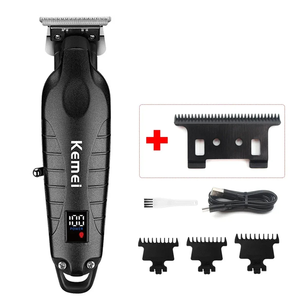 Kemei KM-2293 Professional Hair Trimmer Machine Zero Gapped Full Metal DLC T-Blade Finishing Machine USB LED Man's Hair Clipper