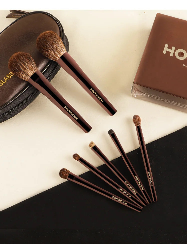 Hourglass Makeup Brush Set Mini Portable 7 Pcs, High Quality Soft Animal Hair Brush Include Eyeshadow,Blush,Powder Brush