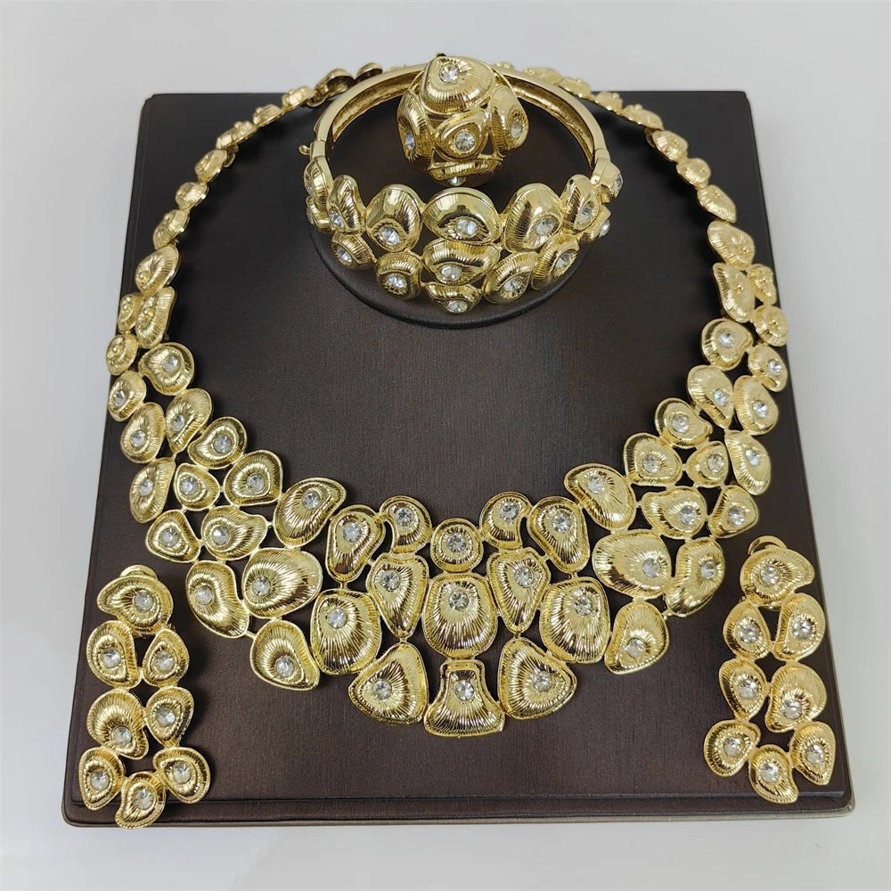 18K Gold Plated Jewelry Set For Women Classic Fashion Necklace Earrings Bracelet And Ring 4PCS Set Jewelry