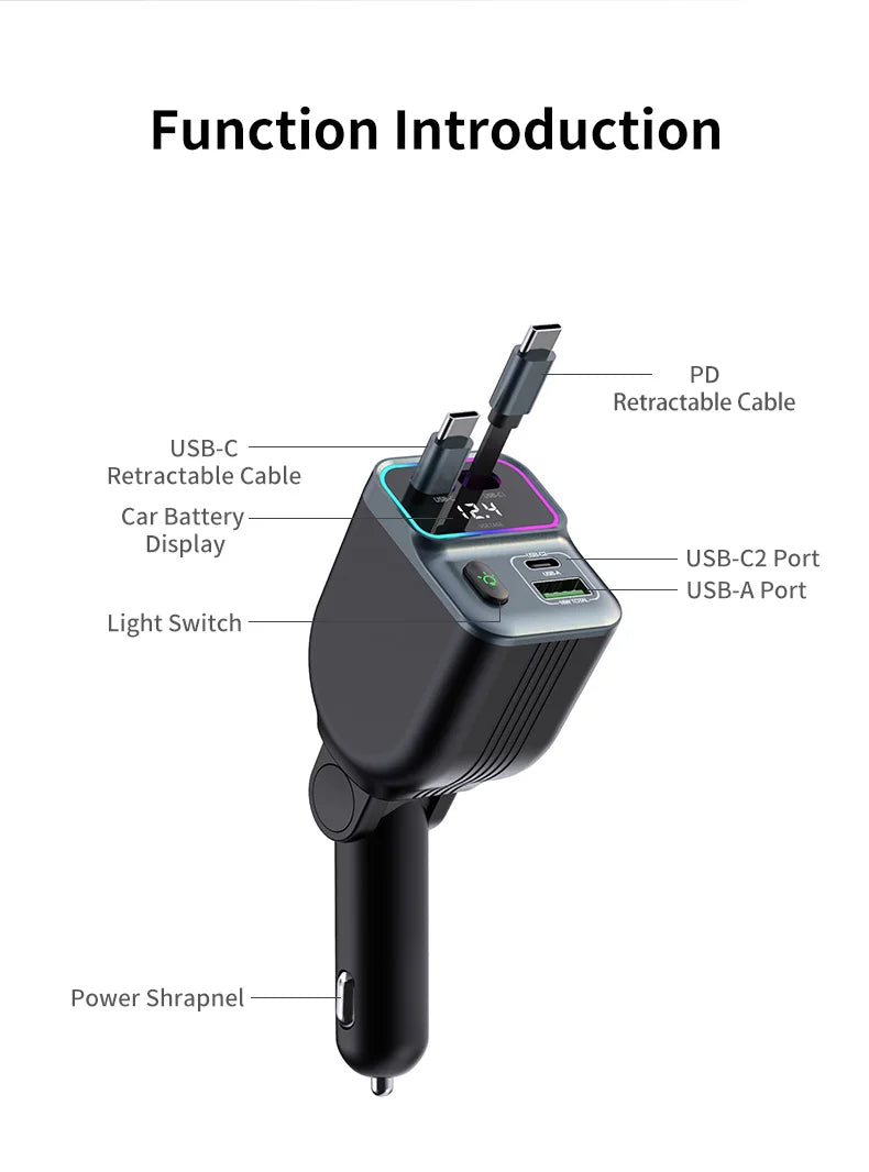 Scalable Car Charger 4in1 Fast Charging Car Charger with 72W Retractable Cable and PD65W USB Port Compatible with Type-C Adapter