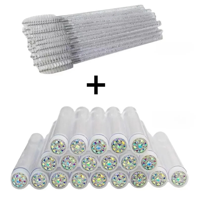 50Pcs Eyelash Brush Tubes with Crystal Mascara Wands & Eyebrow Comb Spoolies - Makeup Tools for Lash/Brow Applicators