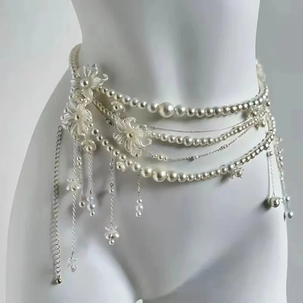 Fashion Elegant Pearl Waist Chains Waist Accessory Versatile Floral Belly Chain Boho Hip Chain Women