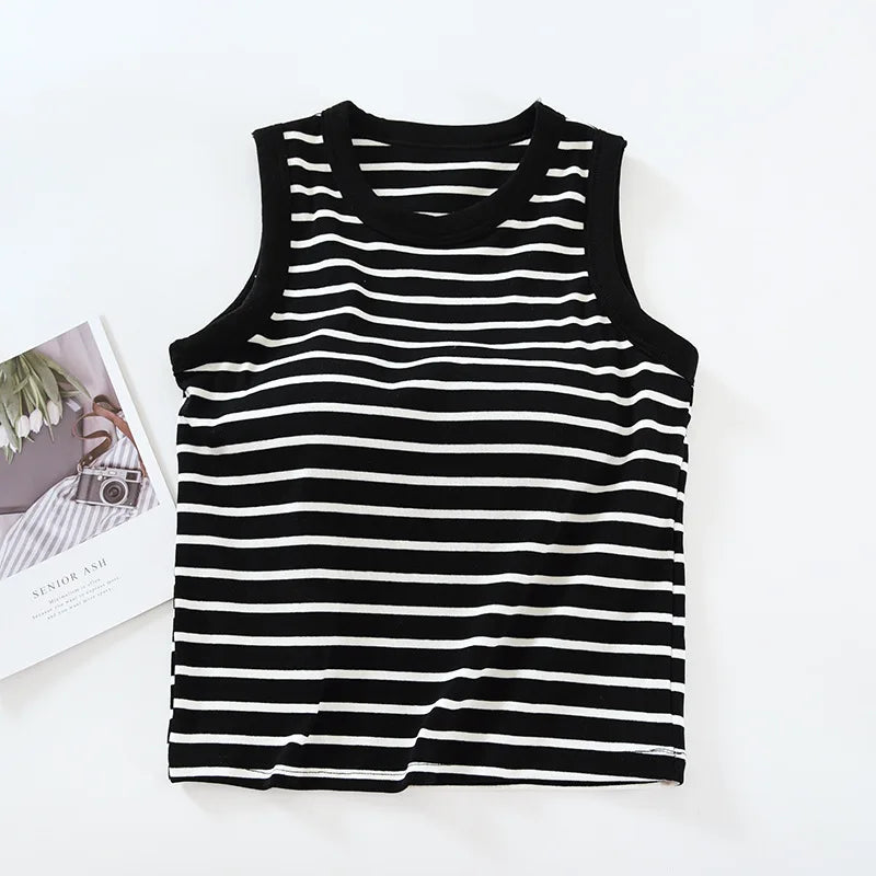 One Piece Pajamas Tops For Women New Fashion Striped Sleeveless Summer Sleepwear Shirt Slim Cotton Chest Pad Sleep T-Shirts