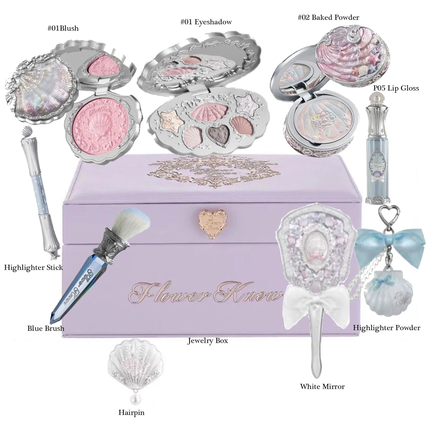 Flowerknows Shell Jewelry Gift Set Makeup Kit Full Professional Glitter Eyeshadow Palette Blush Baked Powder 10pcs Kits